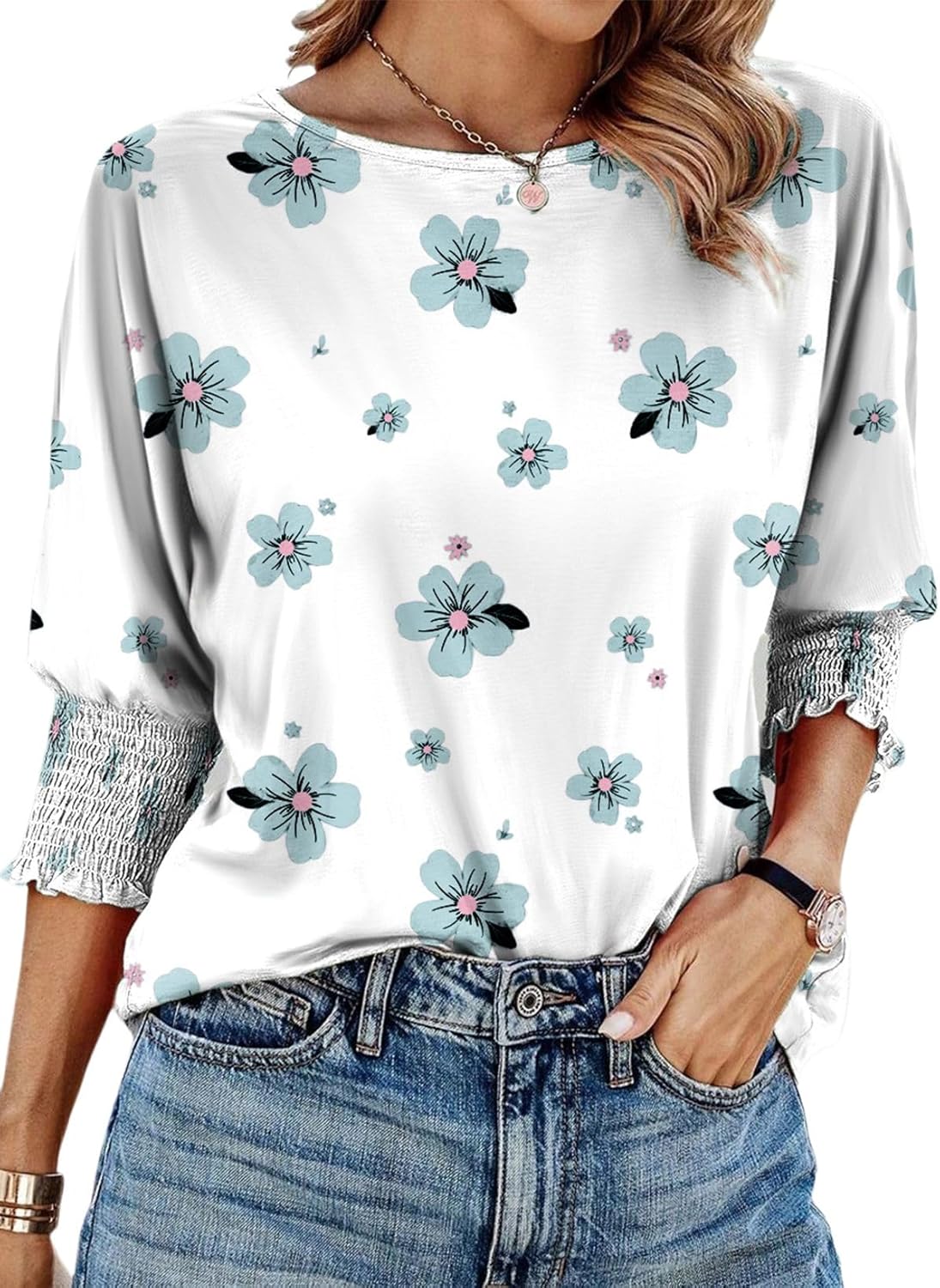 Dokotoo Women's 2025 Fashion Tops 3/4 Sleeve T-Shirts Cute Crewneck Basic Business Tees Blouses