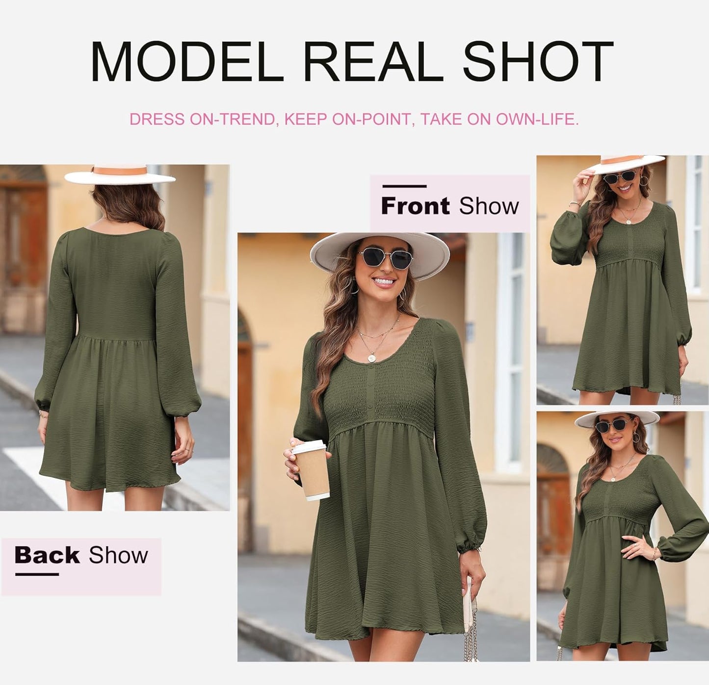 Dokotoo Womens 2025 Casual Dresses Smocked Crewneck Button Up Long Sleeve Empire Waist A-Line Mini Dress
