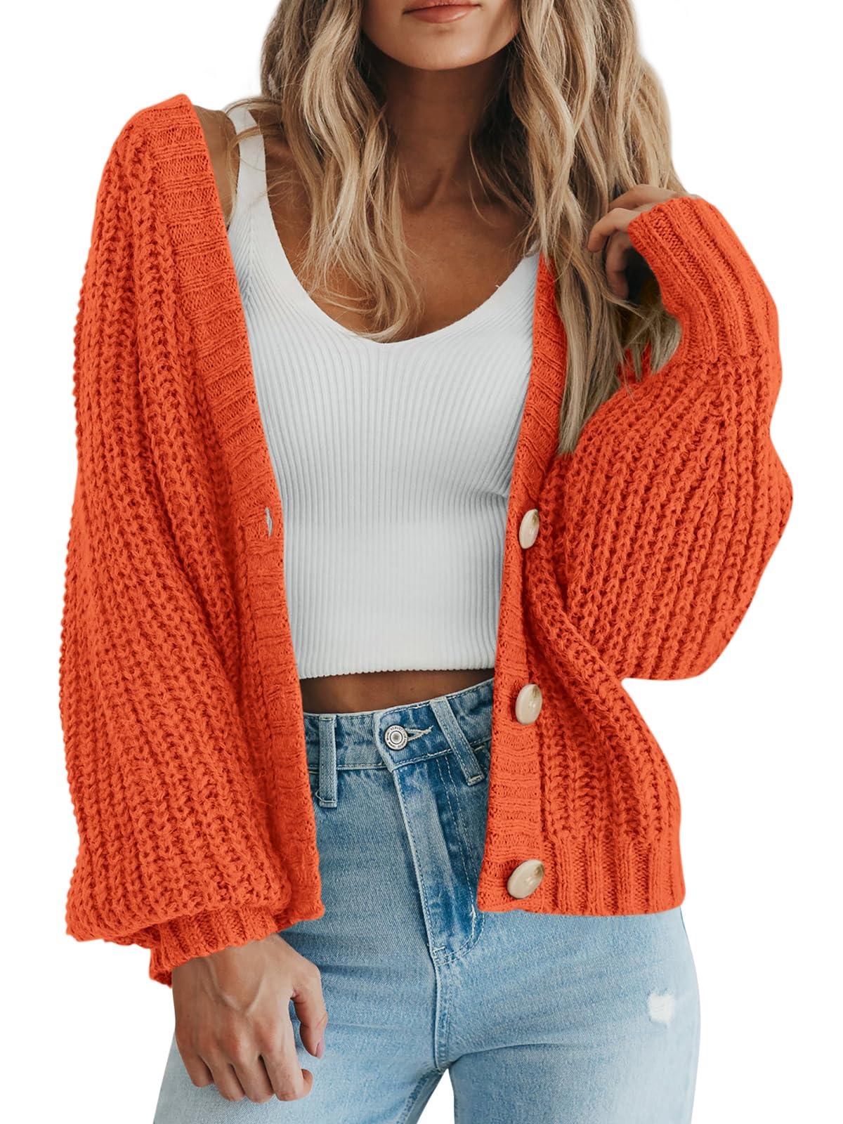 PRETTYGARDEN Women's Chunky Knit Open Front Sweater Long Sleeve Button Loose Short Cardigan Outerwear Coats