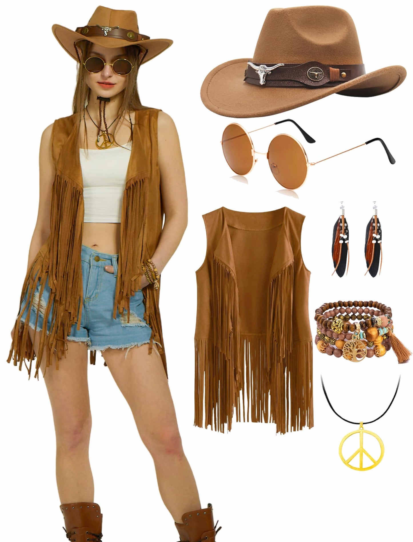 6 PC Cowgirl Western Outfits for Women Retro Cowgirl Costumes Fringe Vest Cow Girl Hat for Women Country 70s Hippie Outits