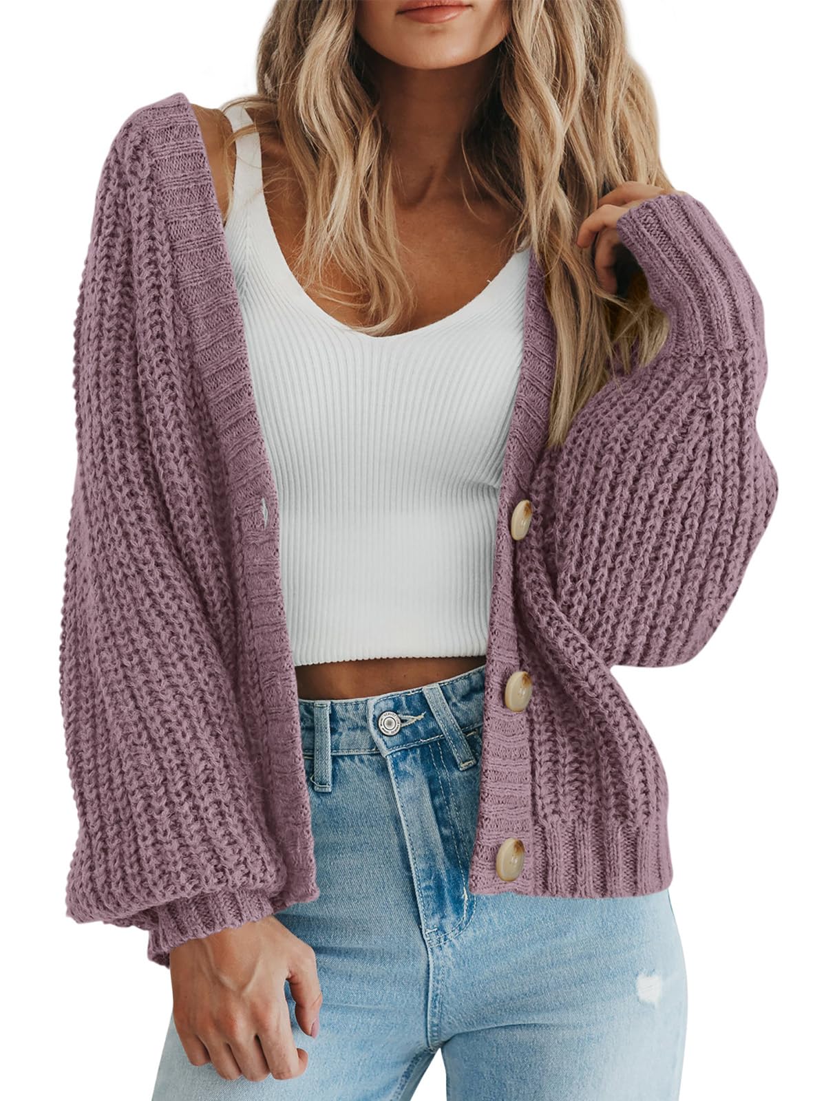 PRETTYGARDEN Women's Chunky Knit Open Front Sweater Long Sleeve Button Loose Short Cardigan Outerwear Coats