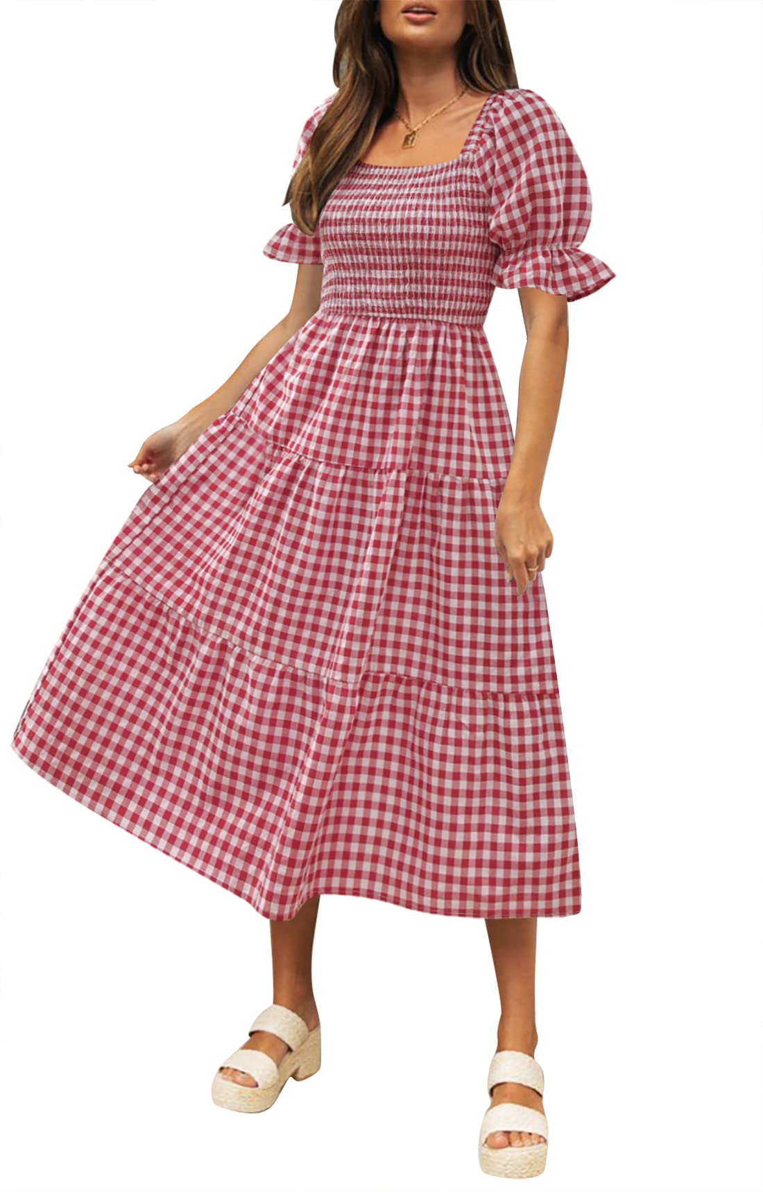 ZESICA Women's 2025 Bohemian Summer Plaid Square Neck Puff Sleeve Ruffle Flowy Beach Midi Dress