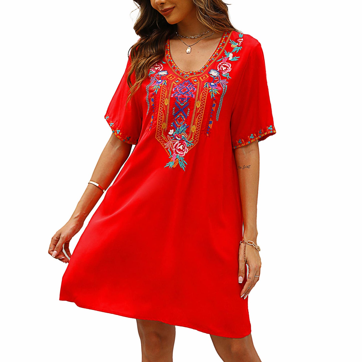 Grosy Women's Embroidered Mexican Peasant Dresses, Plus Size Fiesta Boho Dress for Women, Traditional Floral Bohemian Tunic