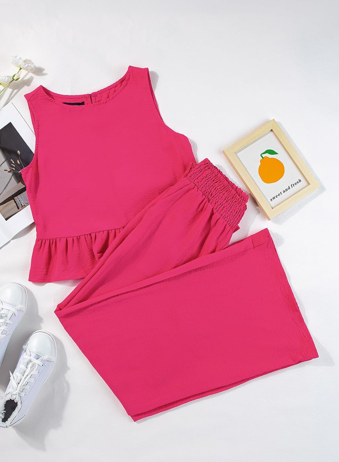 Dokotoo Pants Sets Women 2 Piece Outfits Sleeveless Round Neck Tank Tops Matching Sets for Women Elastic Waist Wide Leg