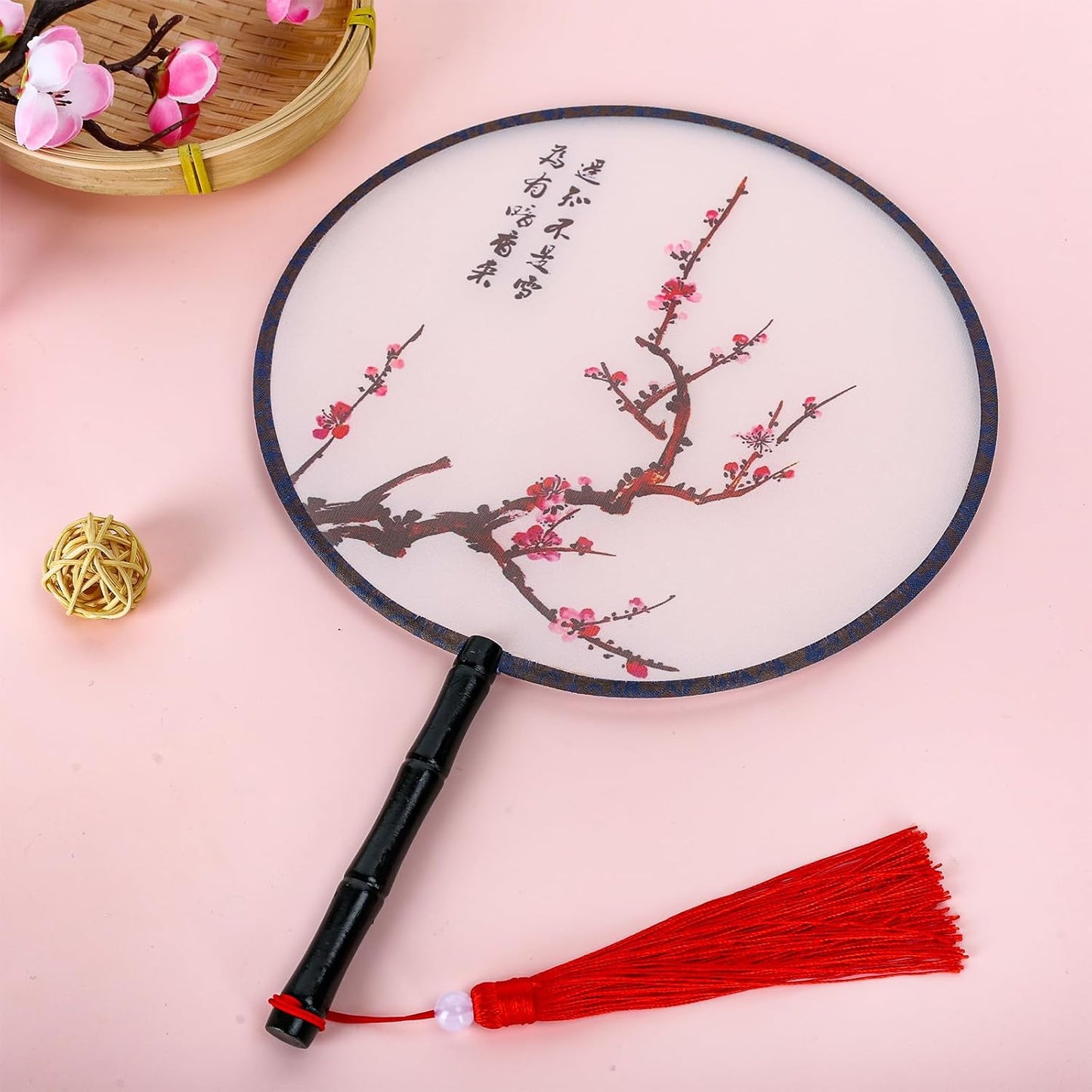 Waline 2 Pack Chinese Round Fan - Ancient Hand Fan With Translucent Silk, Pink Blue Traditional Palace Paddle Design, Vintage Double-Sided Pattern For Wedding Favor, Home Decor