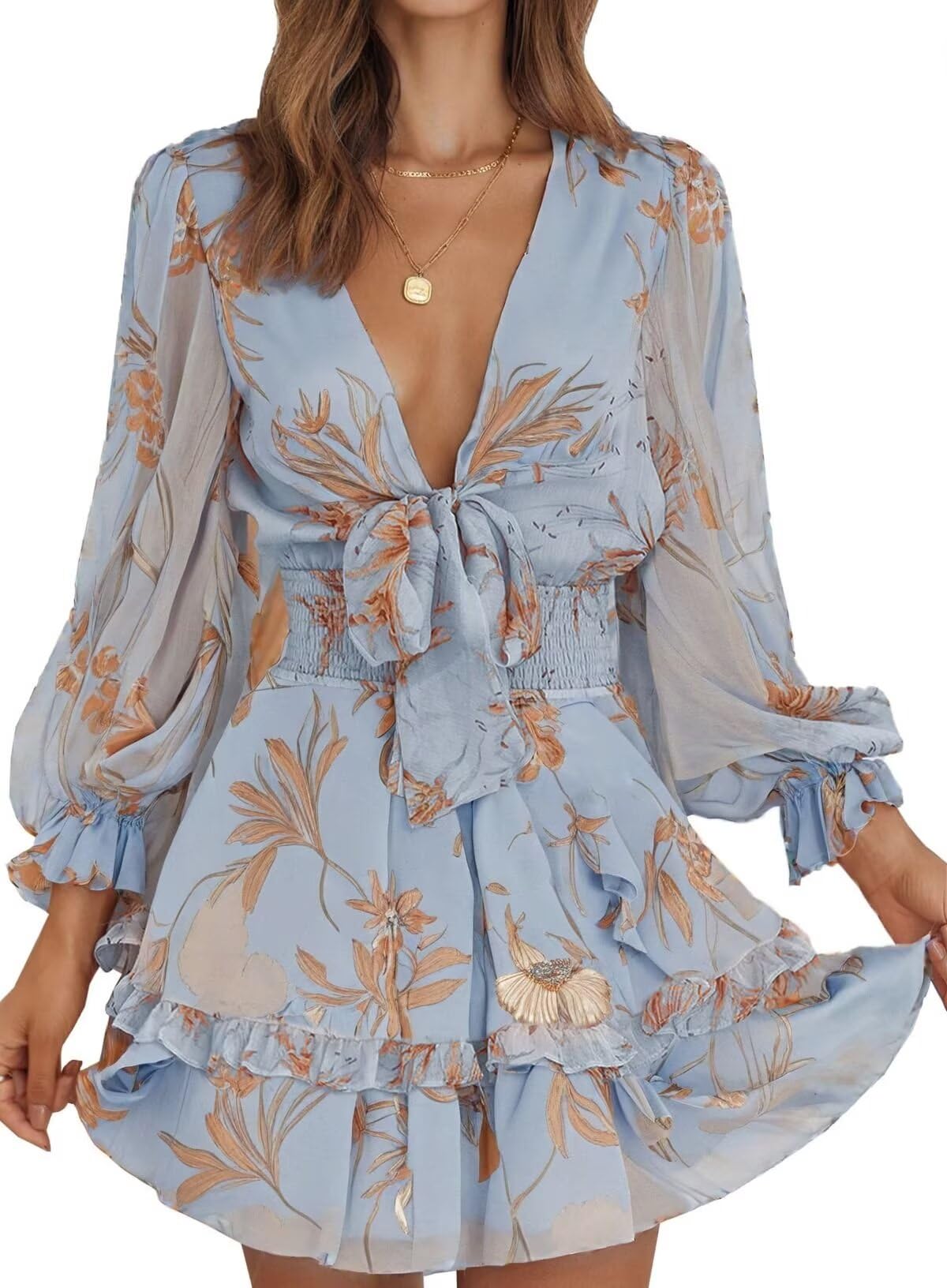 Dokotoo Womens Casual Spring Fall 2025 Deep V Neck Knotted Tiered Chiffon Elegant Mini Short Swing Skater Dresses