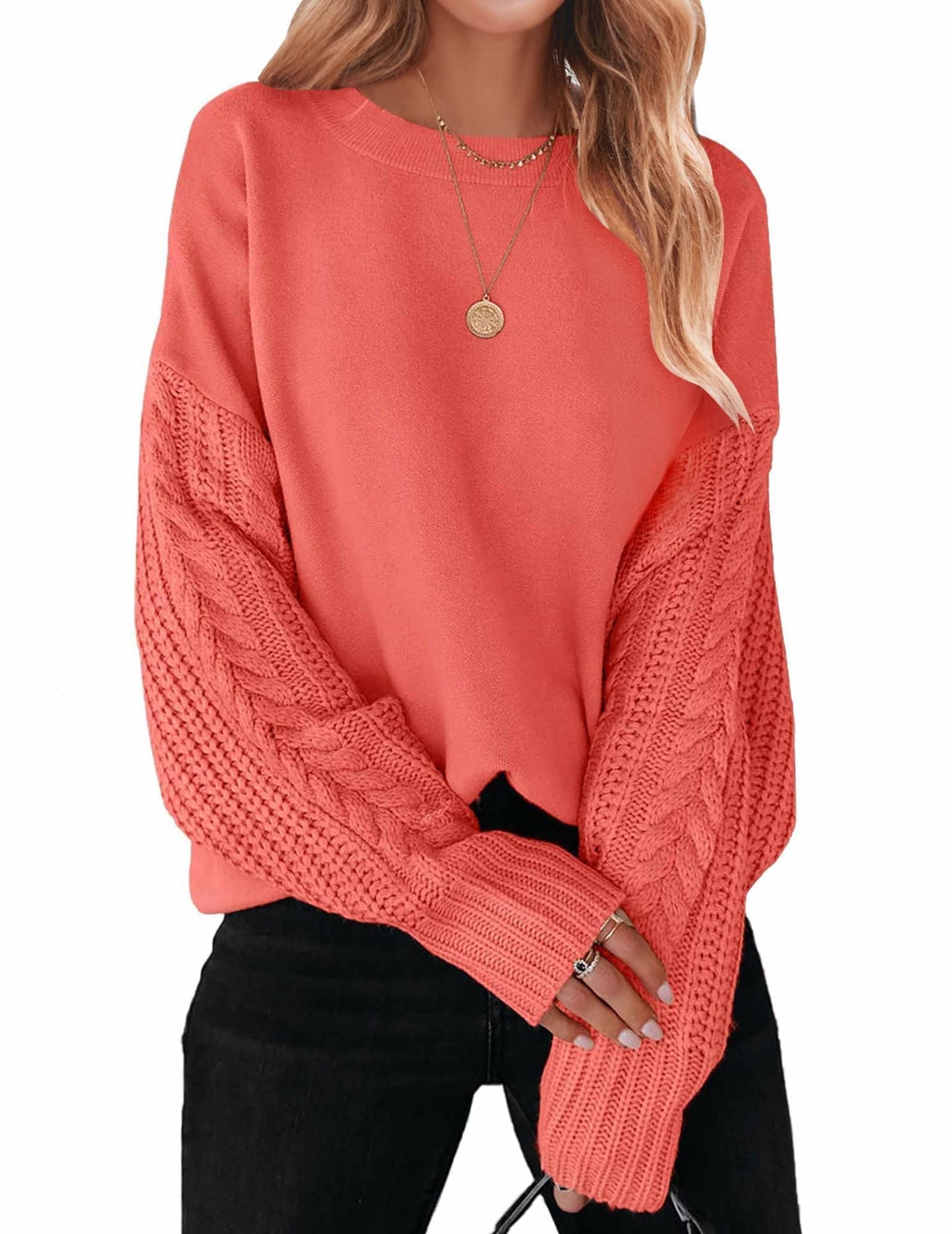 ZESICA Women's Fall Long Sleeve Crew Neck Solid Color Cable Knit Chunky Casual Oversized Pullover Sweater Tops