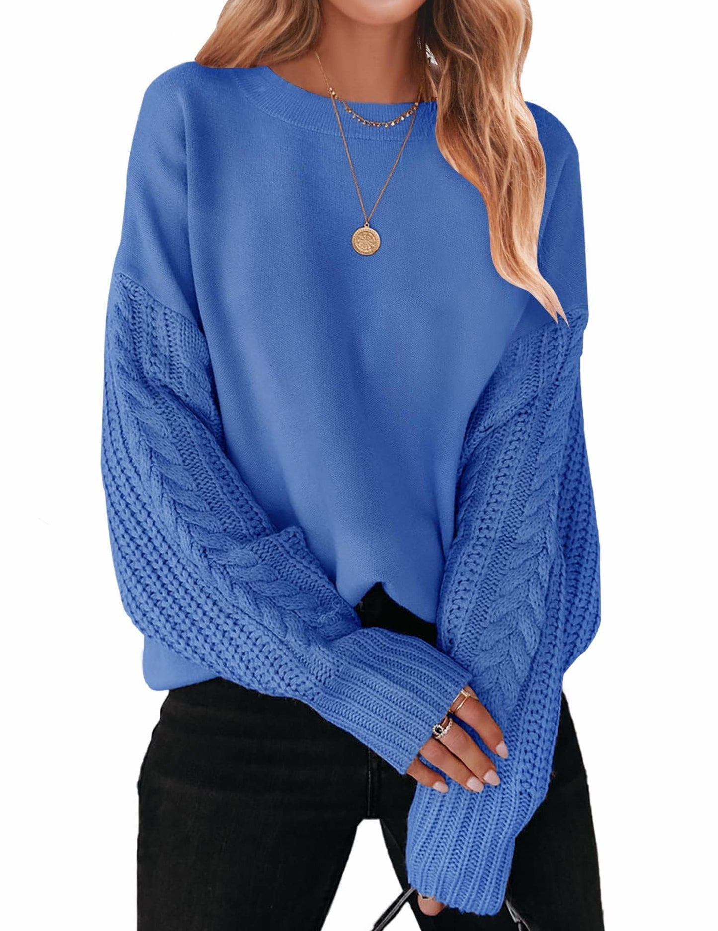 ZESICA Women's Fall Long Sleeve Crew Neck Solid Color Cable Knit Chunky Casual Oversized Pullover Sweater Tops