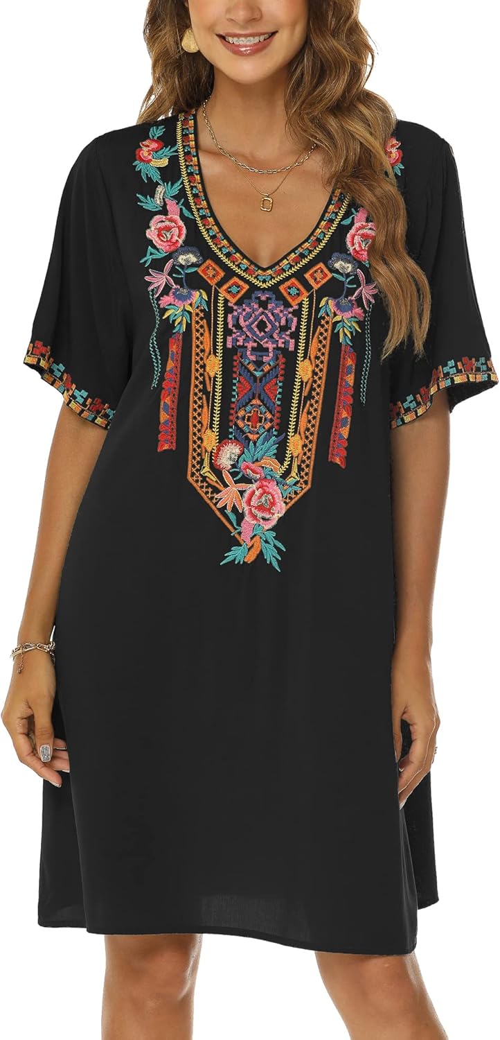 Grosy Women's Embroidered Mexican Peasant Dresses, Plus Size Fiesta Boho Dress for Women, Traditional Floral Bohemian Tunic