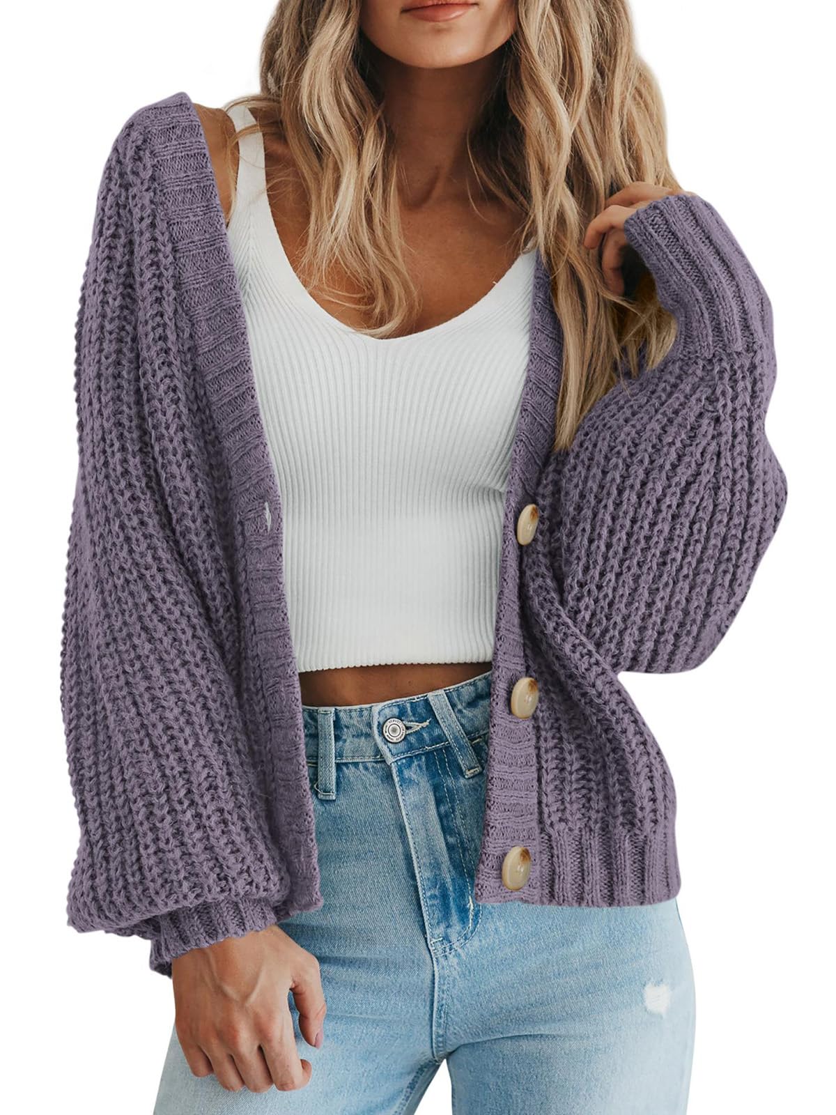 PRETTYGARDEN Women's Chunky Knit Open Front Sweater Long Sleeve Button Loose Short Cardigan Outerwear Coats