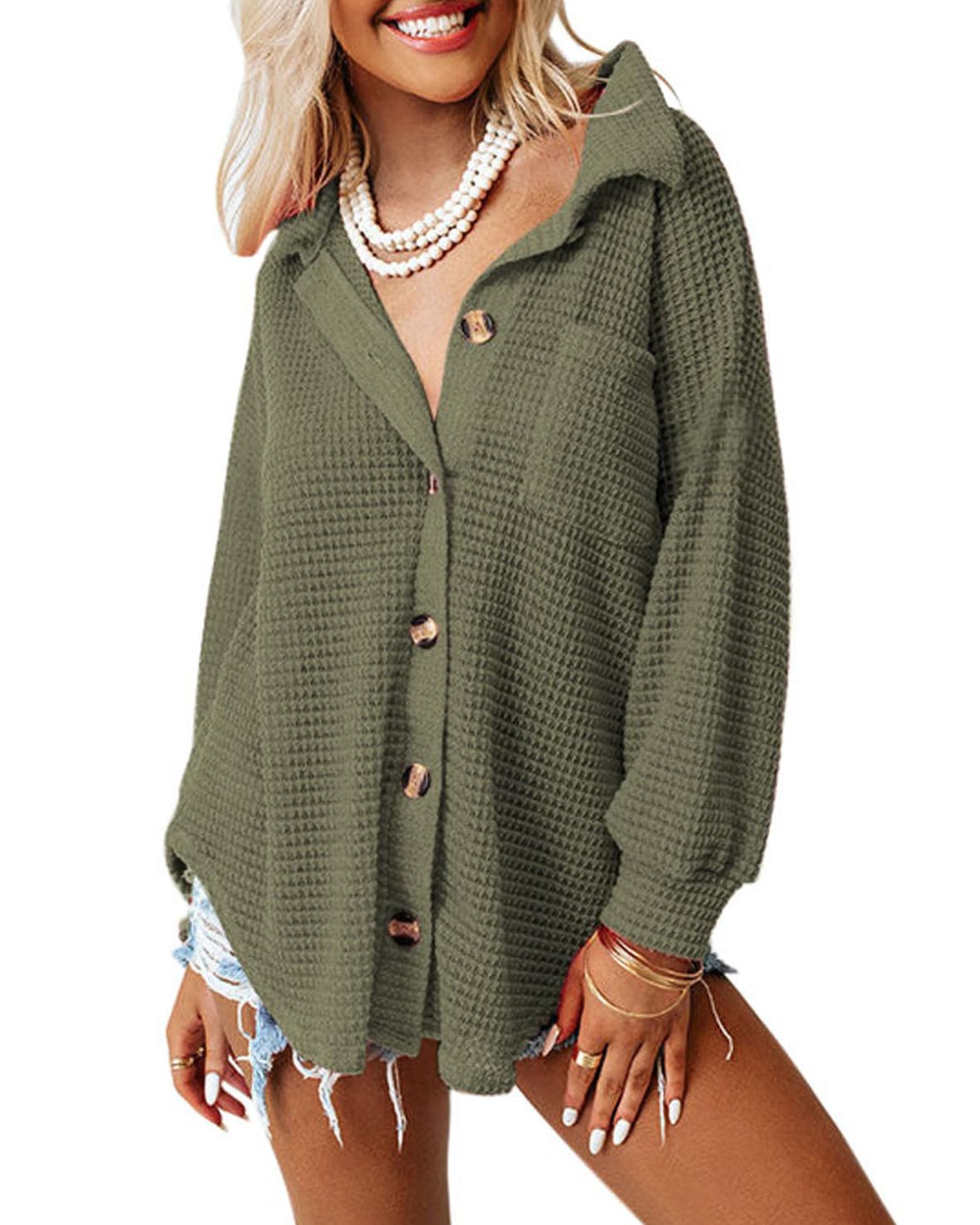 Dokotoo Womens Waffle Knit Shacket Jacket Casual Long Sleeve Button Down Shirts Dressy Blouses Tops