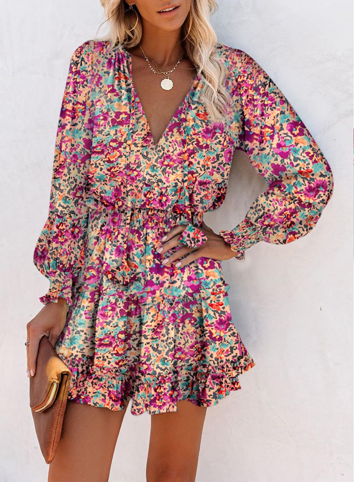 Dokotoo Fall Dresses for Women 2025 Boho Floral Drawstring V Neck Smocked Long Sleeve Ruffle Tiered Chiffon Mini Dress