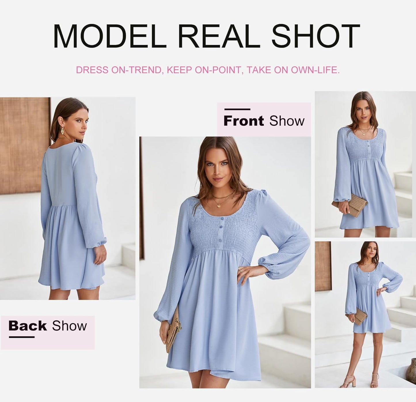 Dokotoo Womens 2025 Casual Dresses Smocked Crewneck Button Up Long Sleeve Empire Waist A-Line Mini Dress
