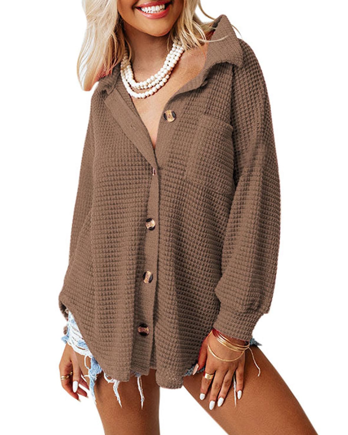 Dokotoo Womens Waffle Knit Shacket Jacket Casual Long Sleeve Button Down Shirts Dressy Blouses Tops