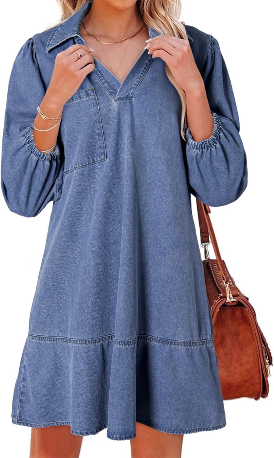 Dokotoo Denim Dress for Women Fashion Fall Casual Babydoll 2025 V Neck 3/4 Puff Sleeve Jean Dresses