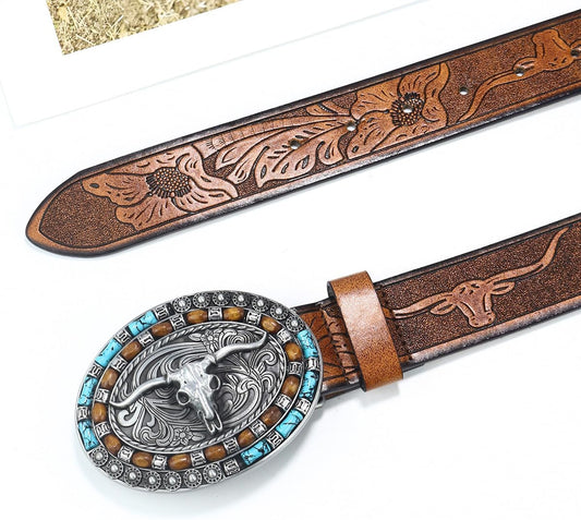 Western-Cowboy-Leather-Belts for Women Turquoise-Oval-Buckle Embossed Cowgirl Belt for Jeans Pants Fit for 27"-41"