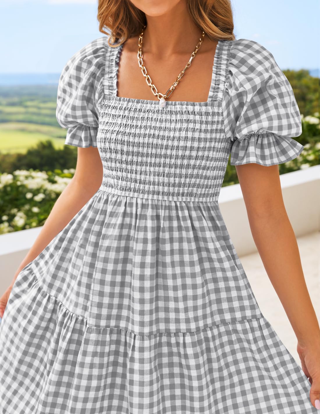 ZESICA Women's 2025 Bohemian Summer Plaid Square Neck Puff Sleeve Ruffle Flowy Beach Midi Dress