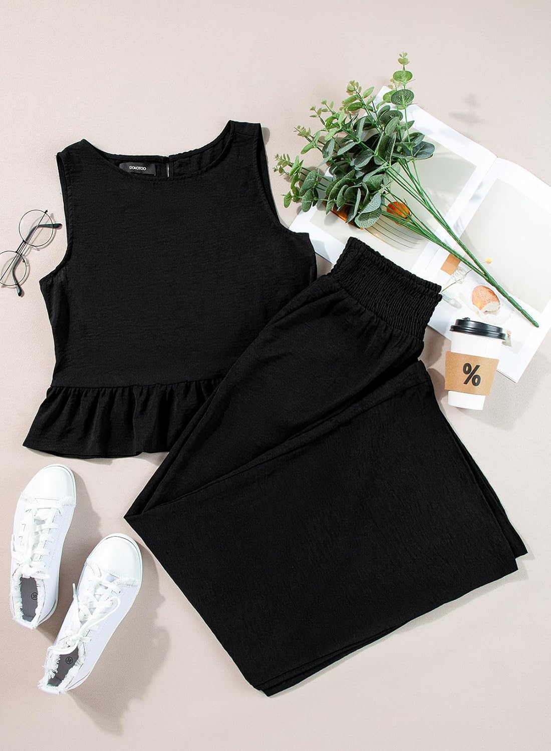 Dokotoo Pants Sets Women 2 Piece Outfits Sleeveless Round Neck Tank Tops Matching Sets for Women Elastic Waist Wide Leg