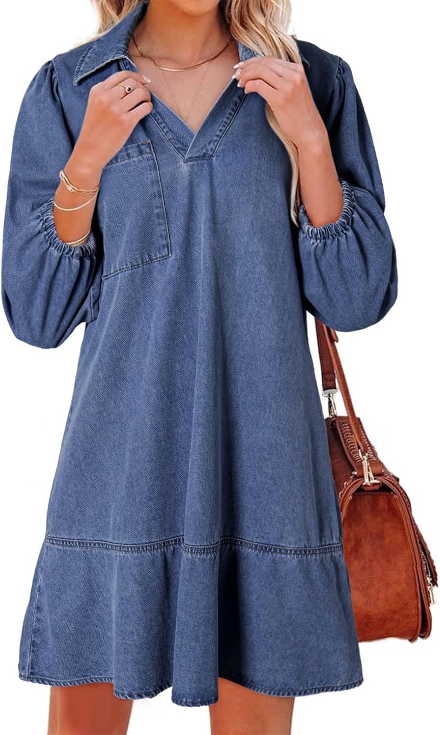 Dokotoo Denim Dress for Women Fashion Fall Casual Babydoll 2025 V Neck 3/4 Puff Sleeve Jean Dresses