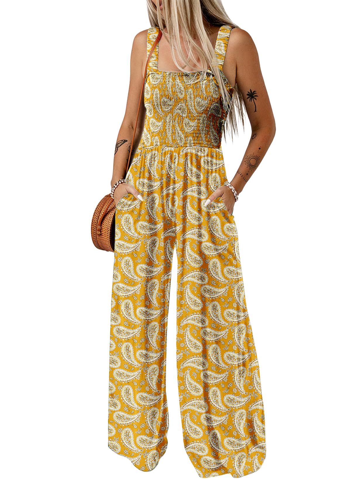 Dokotoo Women's Casual Loose Overalls Jumpsuits One Piece Sleeveless Printed Wide Leg Long Pant Rompers With Pockets