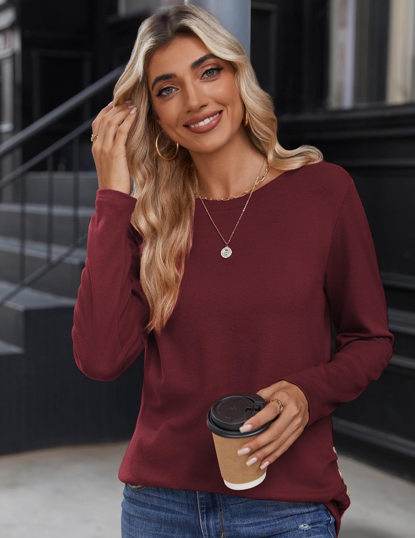 Zeagoo Womens Tops 2025 Long Sleeve Shirts for Fall Round Neck Blouses Floral Tunic Tops with Buttons Decor