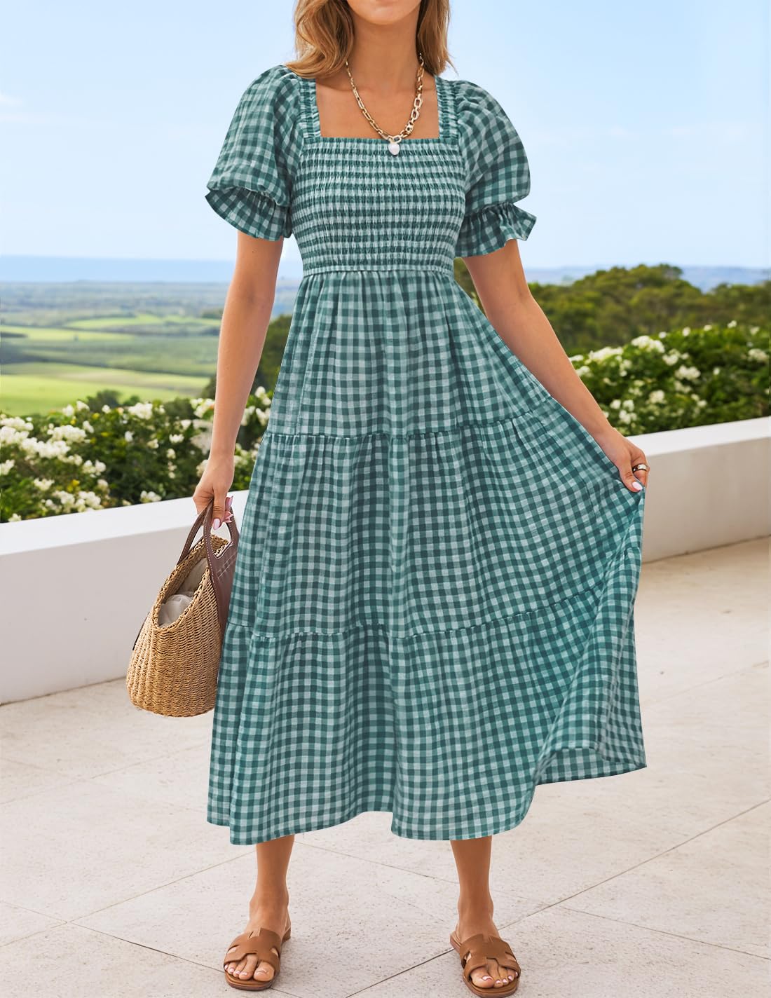 ZESICA Women's 2025 Bohemian Summer Plaid Square Neck Puff Sleeve Ruffle Flowy Beach Midi Dress