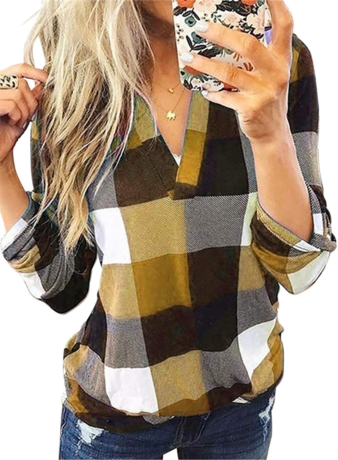 Dokotoo Womens Basic Casual V Neck Plaid Print Cuffed Long Sleeve Work Tops Blouses Shirts S-3XL