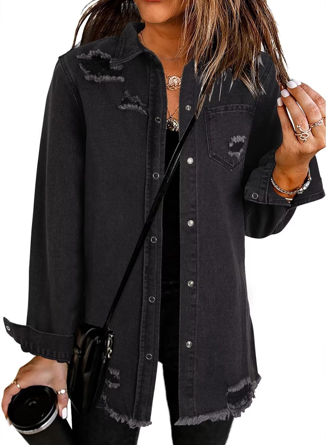 Dokotoo Women's Oversized Denim Jacket Casual Long Sleeve Denim Shirts Distresse Jean Jacket Fall Outfits 2025