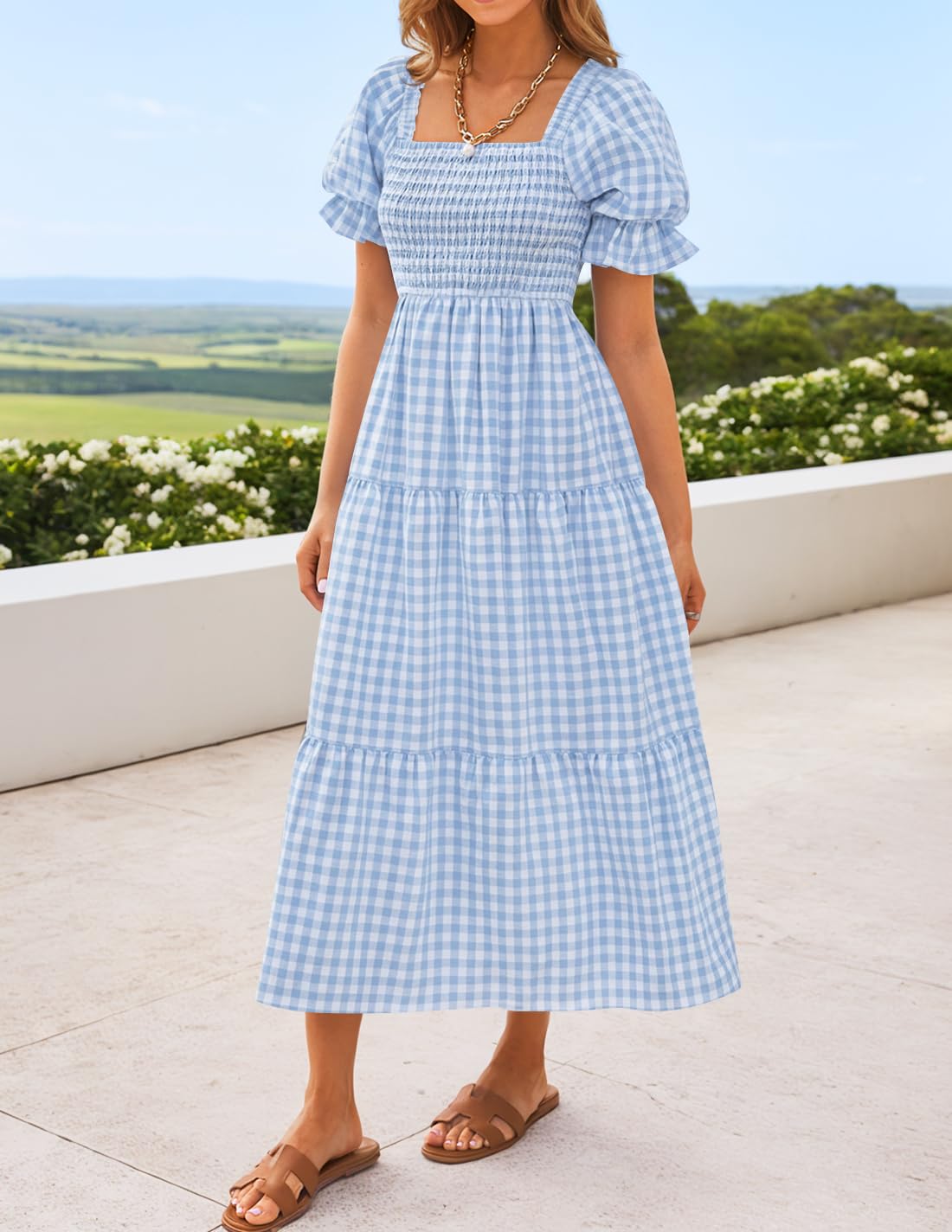 ZESICA Women's 2025 Bohemian Summer Plaid Square Neck Puff Sleeve Ruffle Flowy Beach Midi Dress