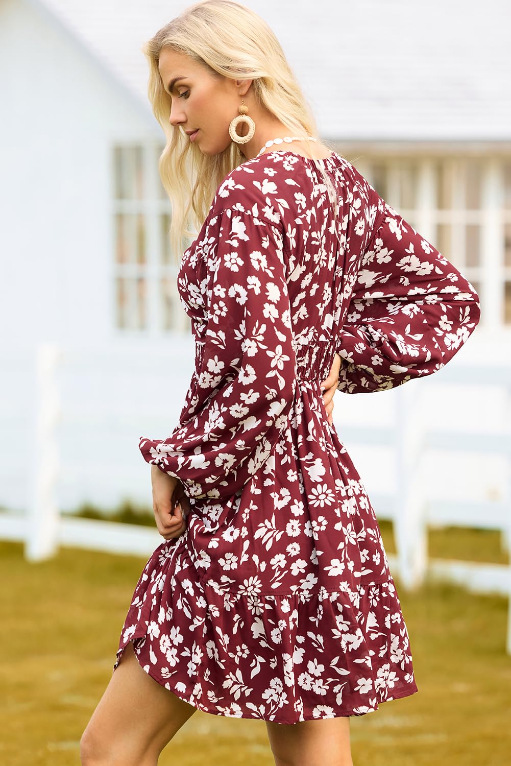 Dokotoo Fall Dresses for Women 2025 Boho Floral V Neck Long Sleeve Smocked Elastic Waist Casual A-Line Mini Dress Sundress