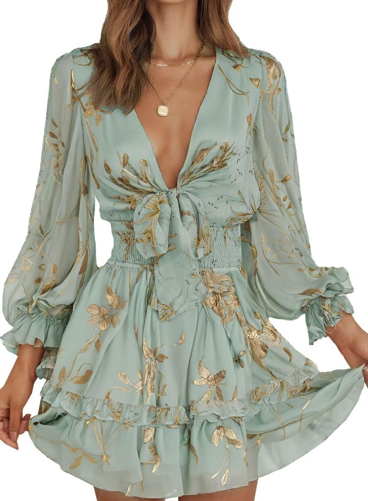 Dokotoo Womens Casual Spring Fall 2025 Deep V Neck Knotted Tiered Chiffon Elegant Mini Short Swing Skater Dresses