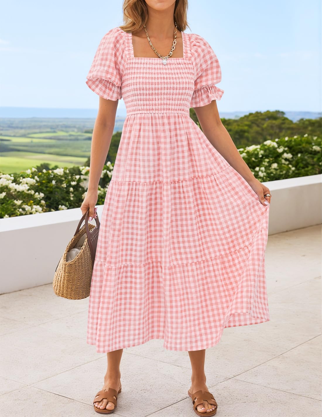ZESICA Women's 2025 Bohemian Summer Plaid Square Neck Puff Sleeve Ruffle Flowy Beach Midi Dress