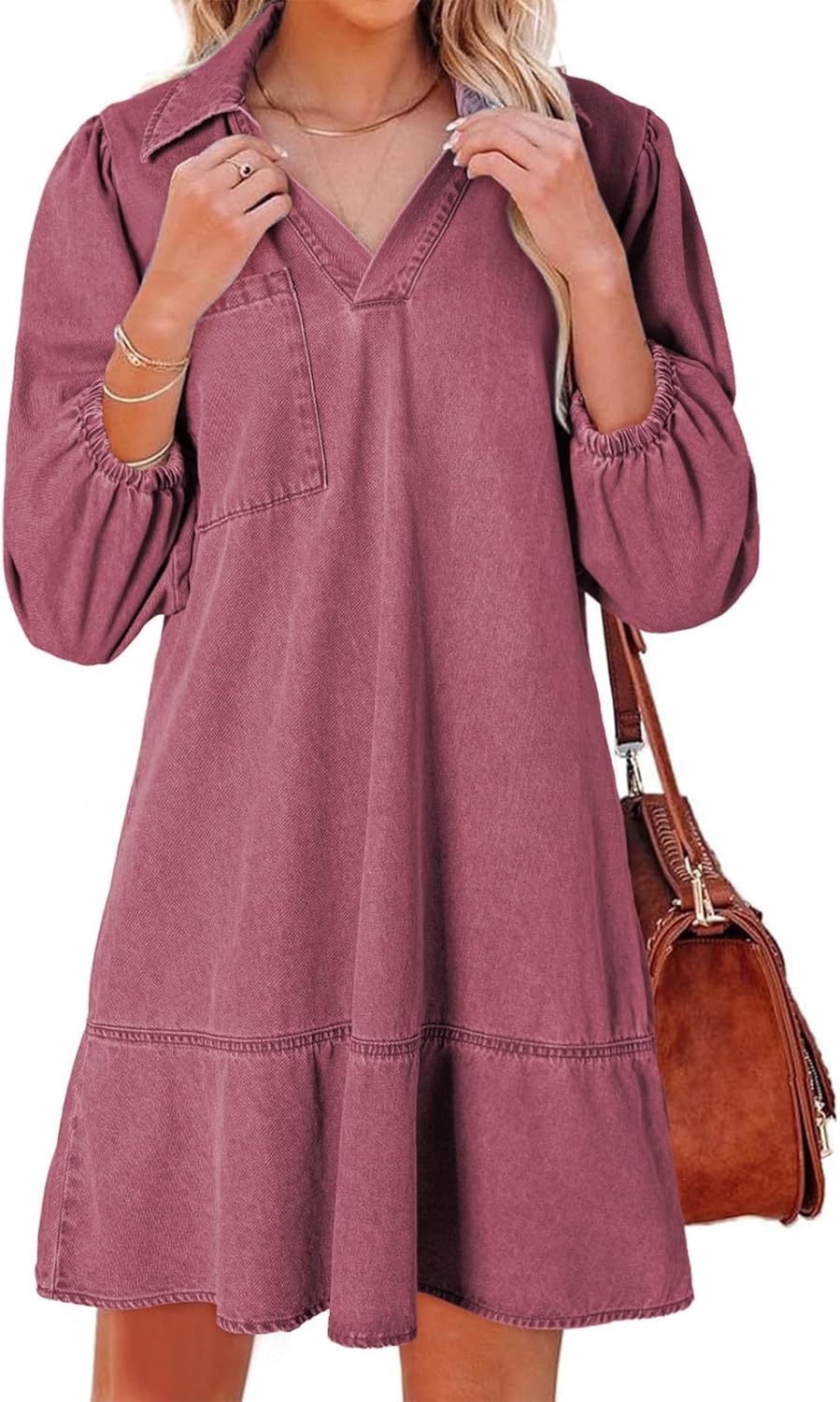 Dokotoo Denim Dress for Women Fashion Fall Casual Babydoll 2025 V Neck 3/4 Puff Sleeve Jean Dresses
