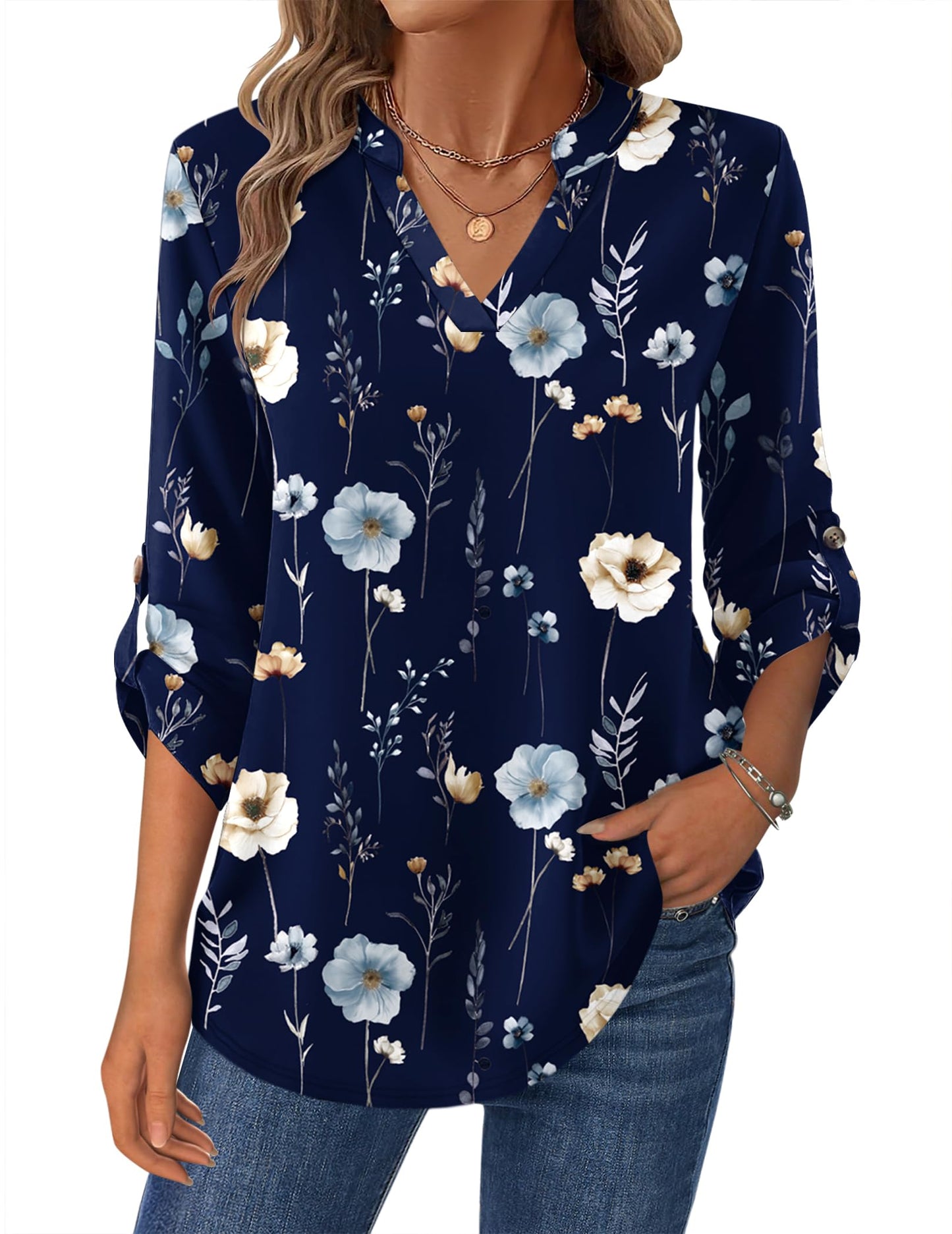 Zeagoo Womens Roll Up Long Sleeve Tops V Neck Shirts Dressy Casual Work Blouses S-2XL