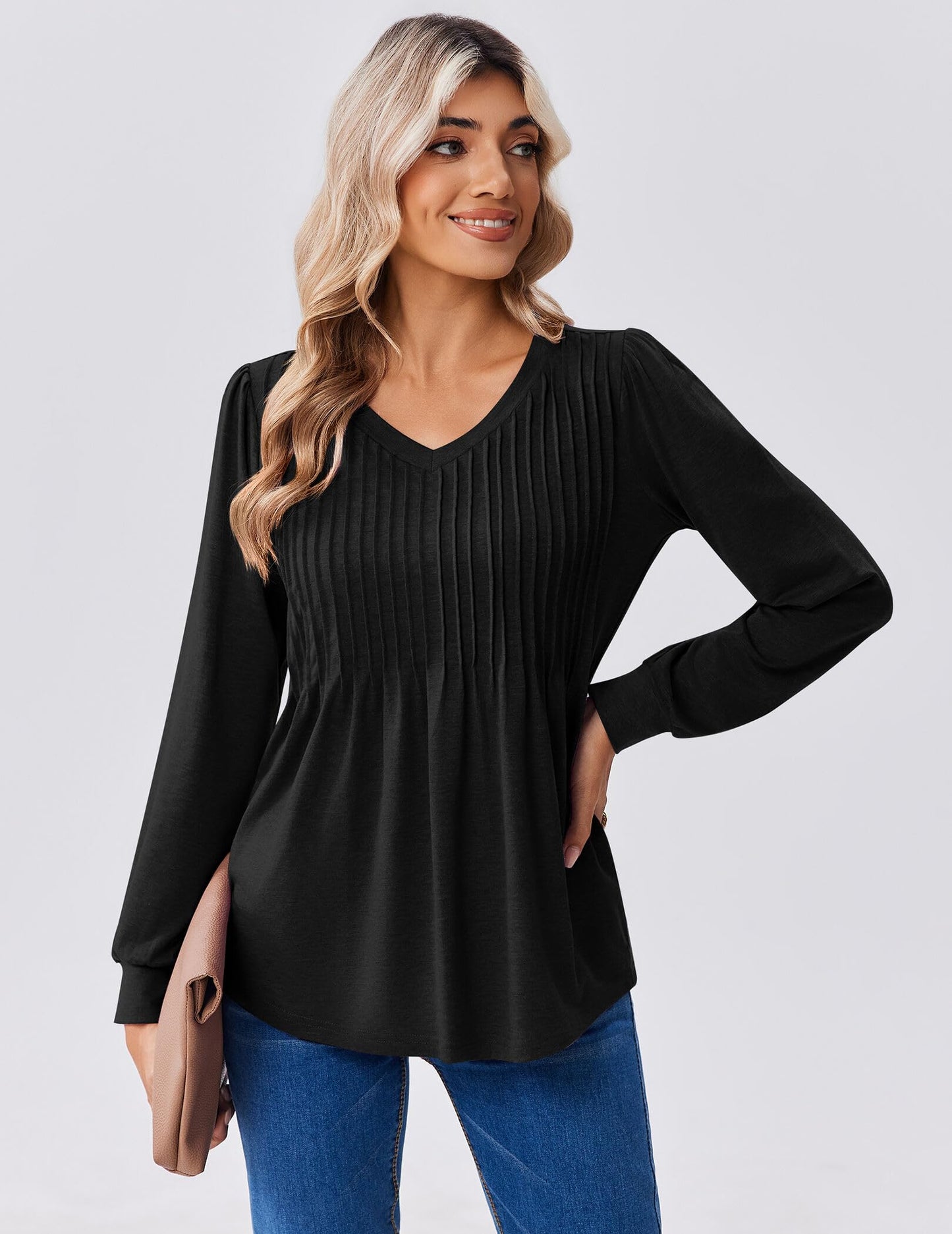 Zeagoo Long Sleeve Shirts for Women Casual V Neck Top Pleated Floral Boho Blouses 2025 Fall Tunics