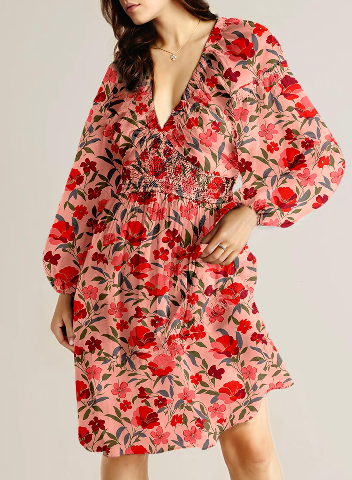 Dokotoo Fall Dresses for Women 2025 Boho Floral V Neck Long Sleeve Smocked Elastic Waist Casual A-Line Mini Dress Sundress