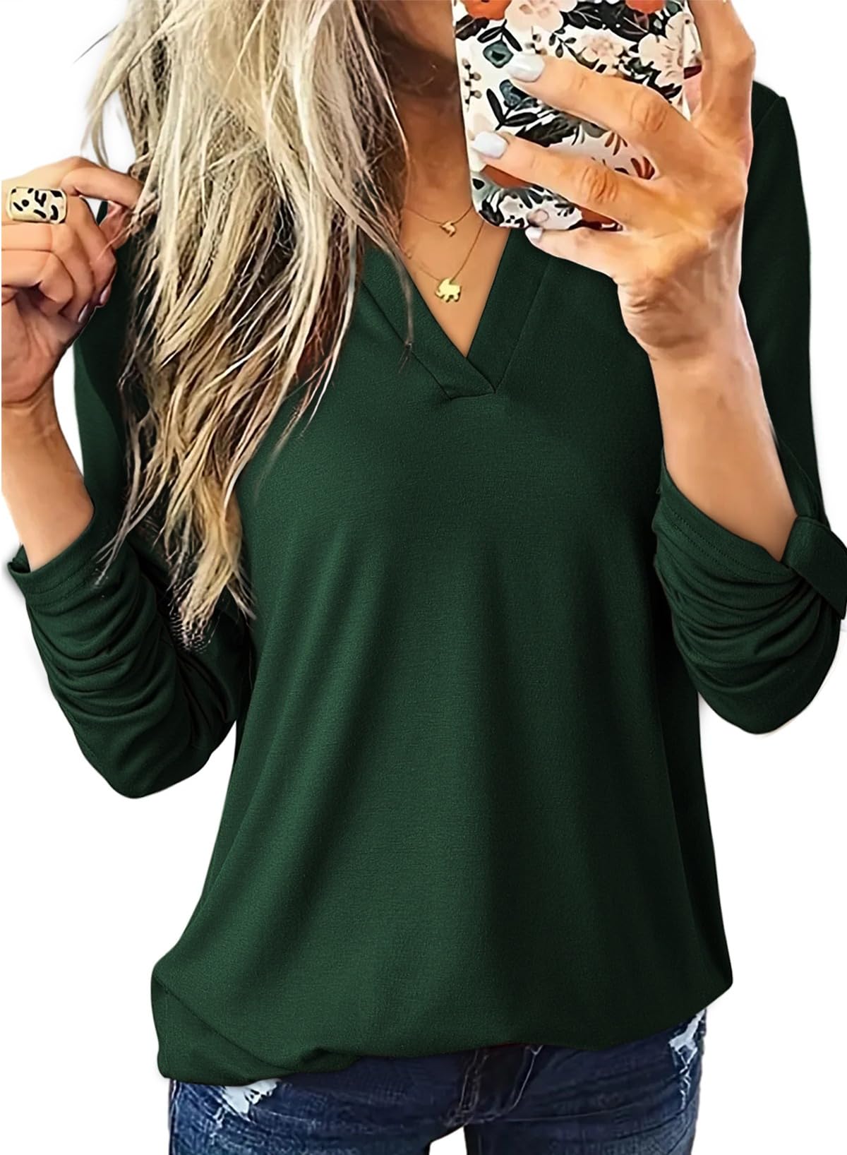 Dokotoo Womens Basic Casual V Neck Plaid Print Cuffed Long Sleeve Work Tops Blouses Shirts S-3XL