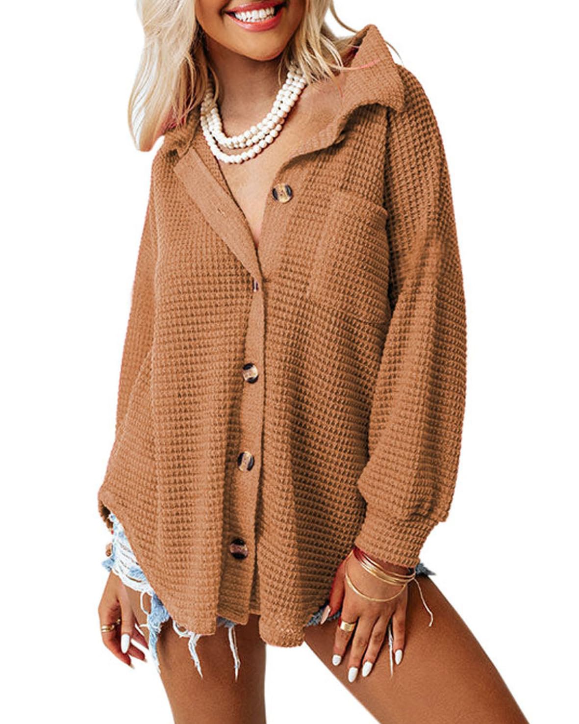 Dokotoo Womens Waffle Knit Shacket Jacket Casual Long Sleeve Button Down Shirts Dressy Blouses Tops
