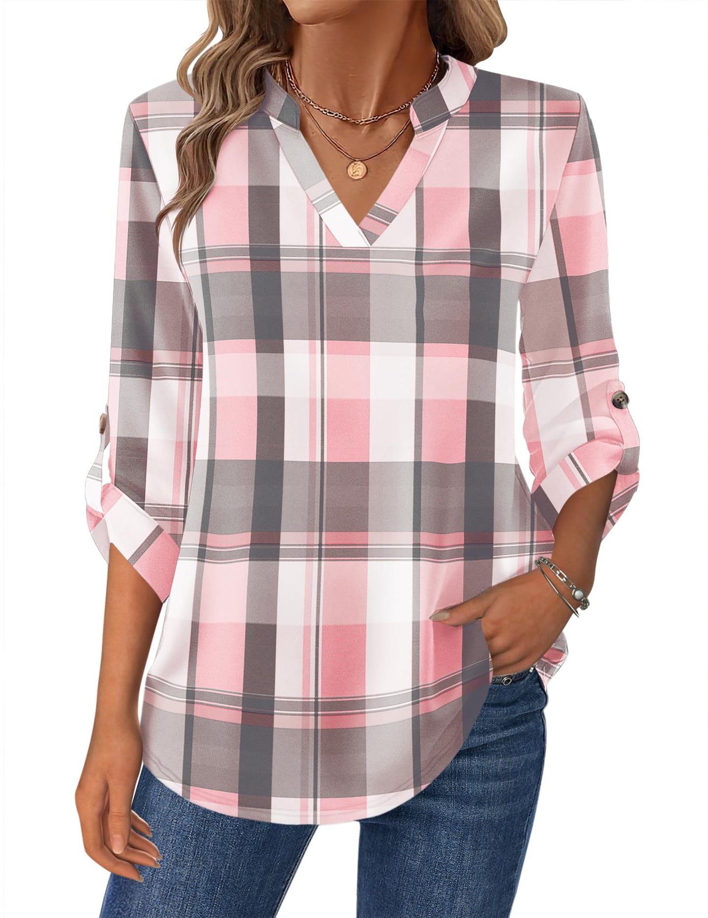 Zeagoo Womens Roll Up Long Sleeve Tops V Neck Shirts Dressy Casual Work Blouses S-2XL