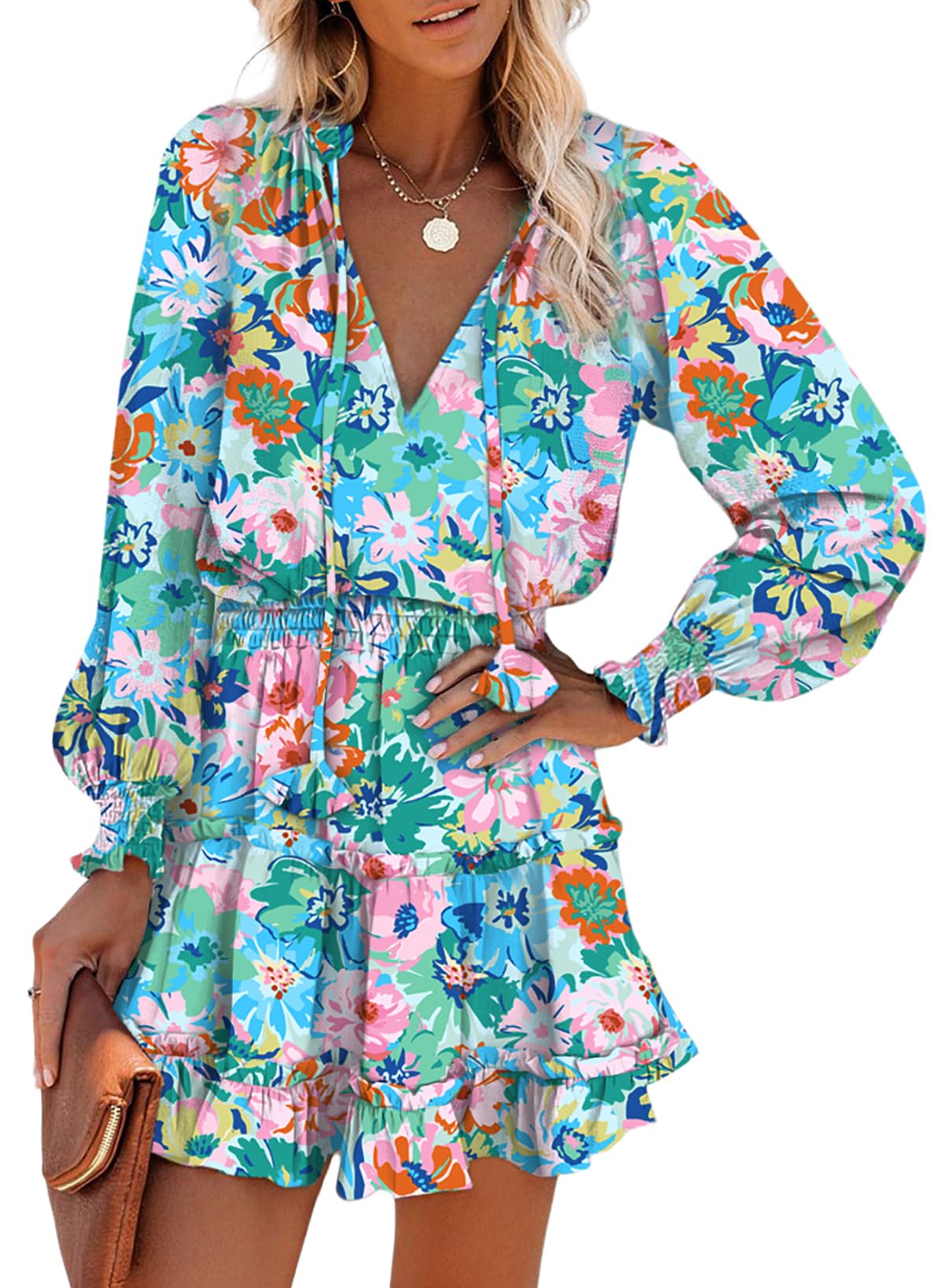 Dokotoo Fall Dresses for Women 2025 Boho Floral Drawstring V Neck Smocked Long Sleeve Ruffle Tiered Chiffon Mini Dress