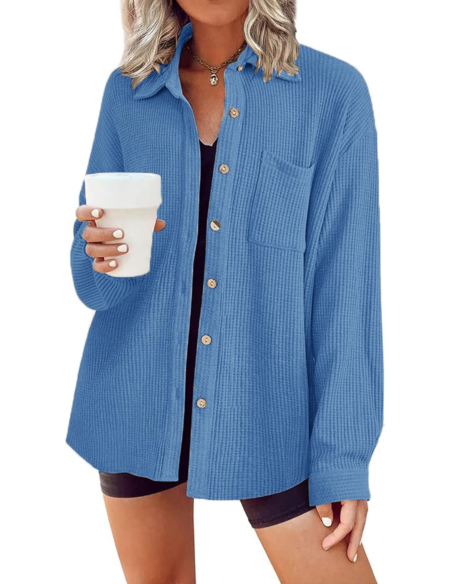 HOTOUCH Waffle Button Down Shirts for Women Dressy Casual Work Shacket V Neck Long Sleeve Lightweight Tops with Pocket