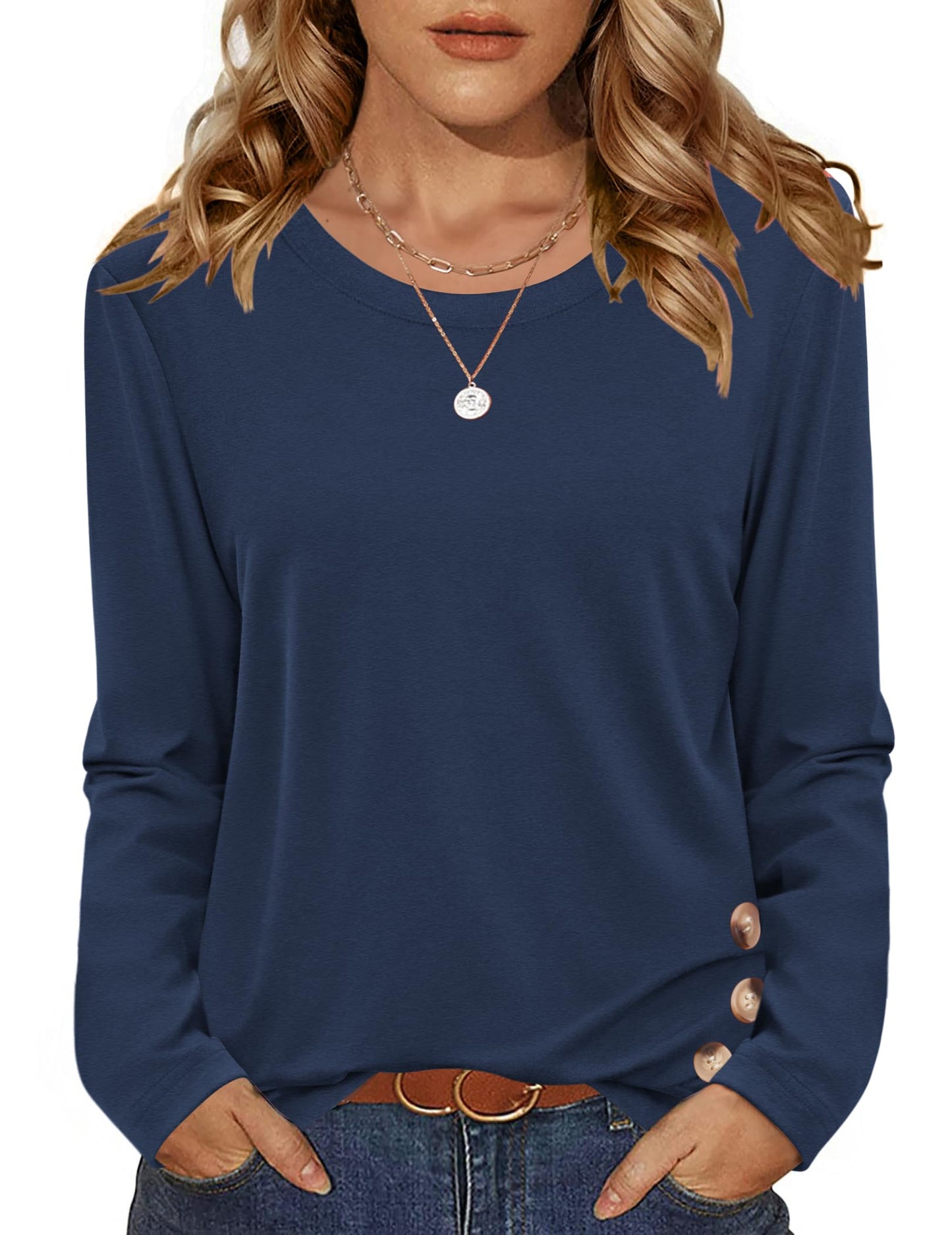Zeagoo Womens Tops 2025 Long Sleeve Shirts for Fall Round Neck Blouses Floral Tunic Tops with Buttons Decor