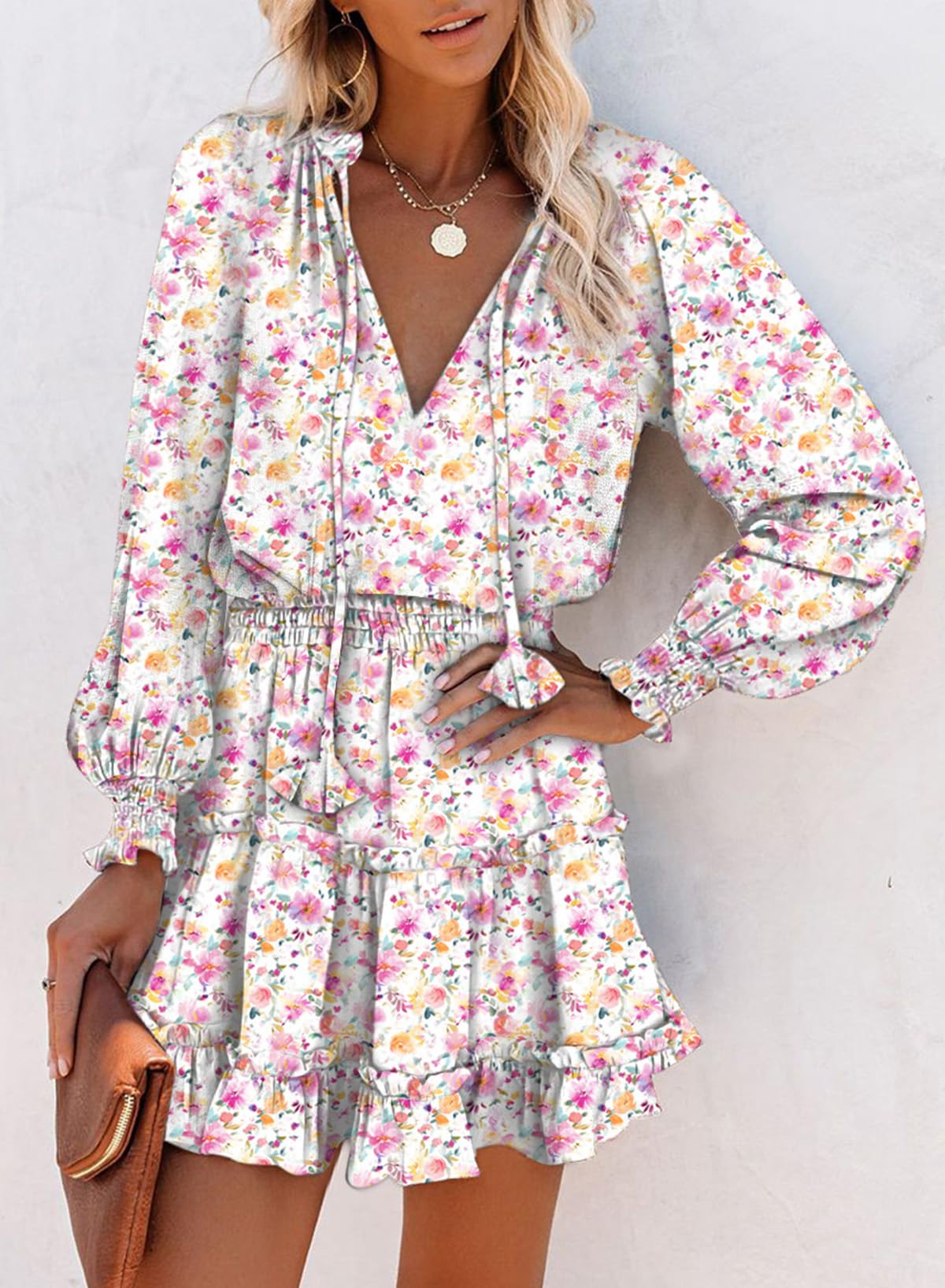 Dokotoo Fall Dresses for Women 2025 Boho Floral Drawstring V Neck Smocked Long Sleeve Ruffle Tiered Chiffon Mini Dress