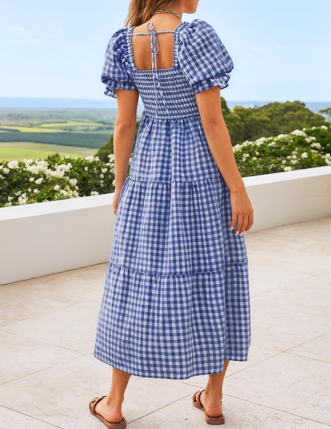 ZESICA Women's 2025 Bohemian Summer Plaid Square Neck Puff Sleeve Ruffle Flowy Beach Midi Dress