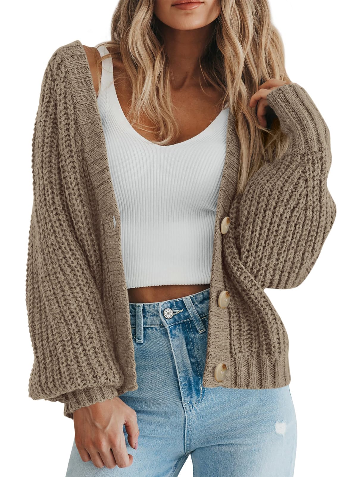 PRETTYGARDEN Women's Chunky Knit Open Front Sweater Long Sleeve Button Loose Short Cardigan Outerwear Coats