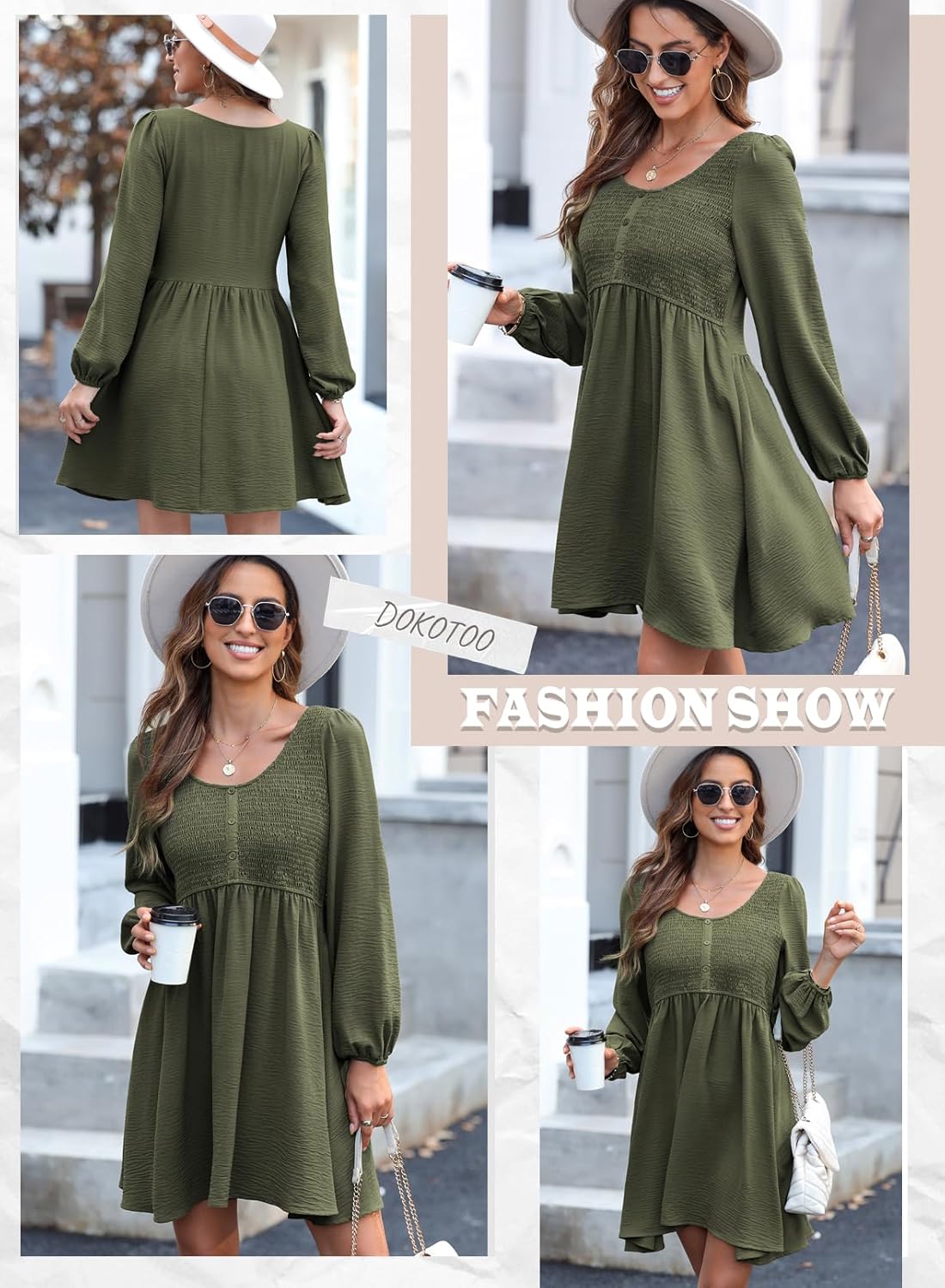 Dokotoo Womens 2025 Casual Dresses Smocked Crewneck Button Up Long Sleeve Empire Waist A-Line Mini Dress
