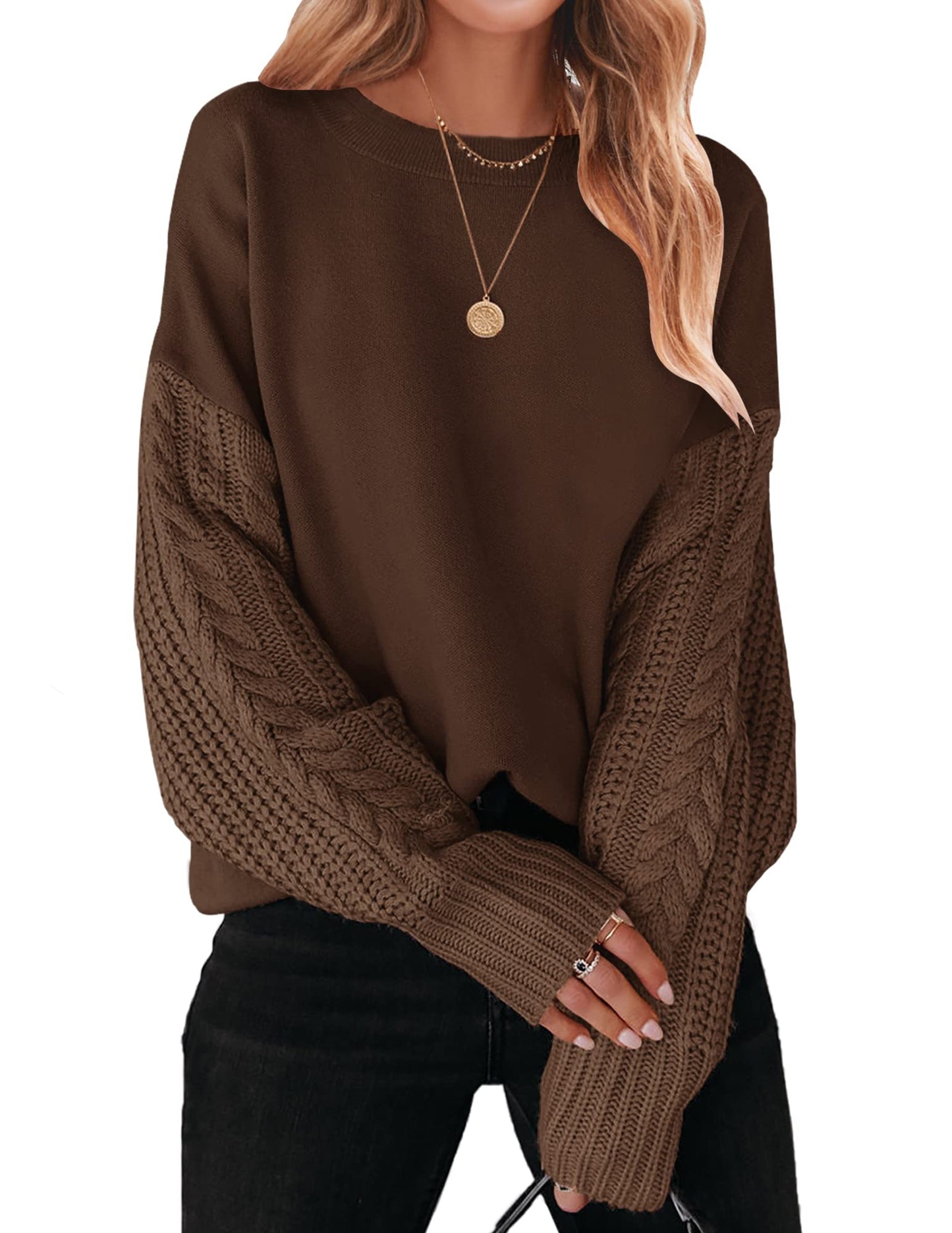 ZESICA Women's Fall Long Sleeve Crew Neck Solid Color Cable Knit Chunky Casual Oversized Pullover Sweater Tops