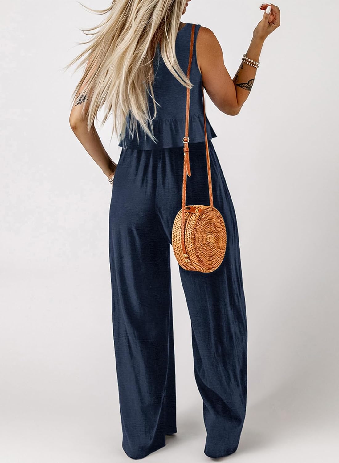 Dokotoo Pants Sets Women 2 Piece Outfits Sleeveless Round Neck Tank Tops Matching Sets for Women Elastic Waist Wide Leg