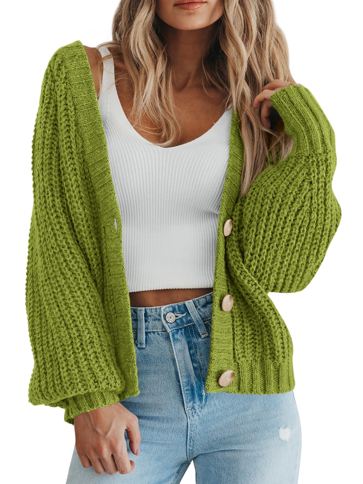 PRETTYGARDEN Women's Chunky Knit Open Front Sweater Long Sleeve Button Loose Short Cardigan Outerwear Coats