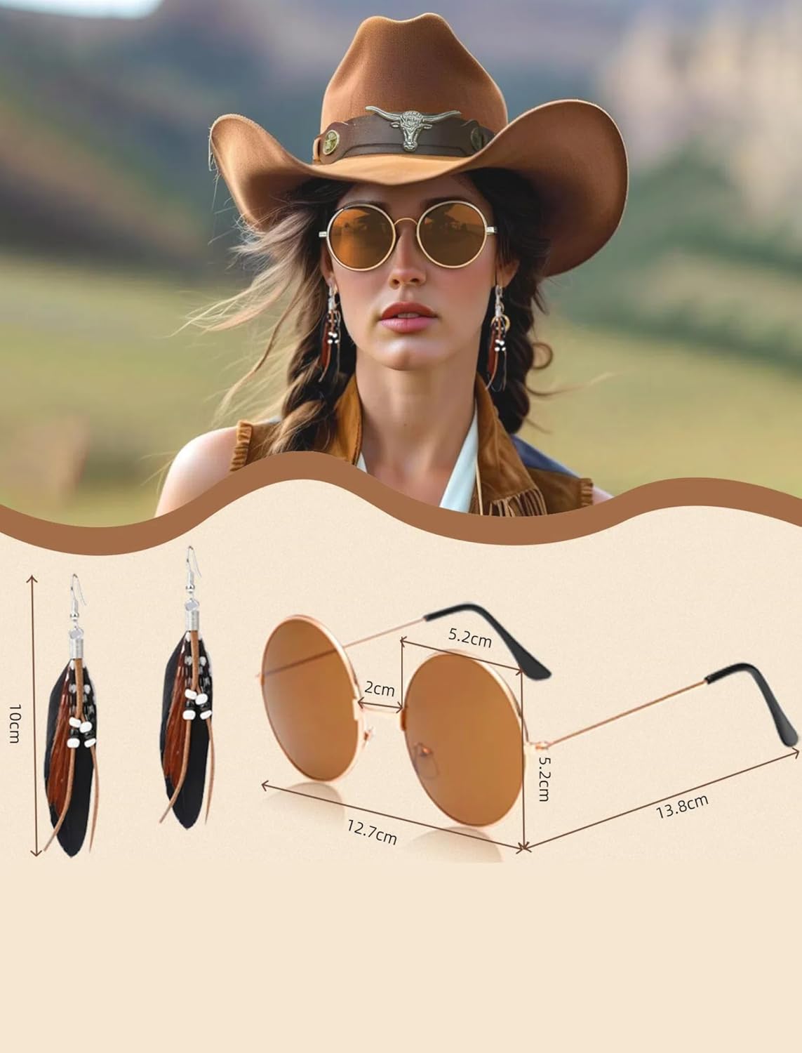 6 PC Cowgirl Western Outfits for Women Retro Cowgirl Costumes Fringe Vest Cow Girl Hat for Women Country 70s Hippie Outits